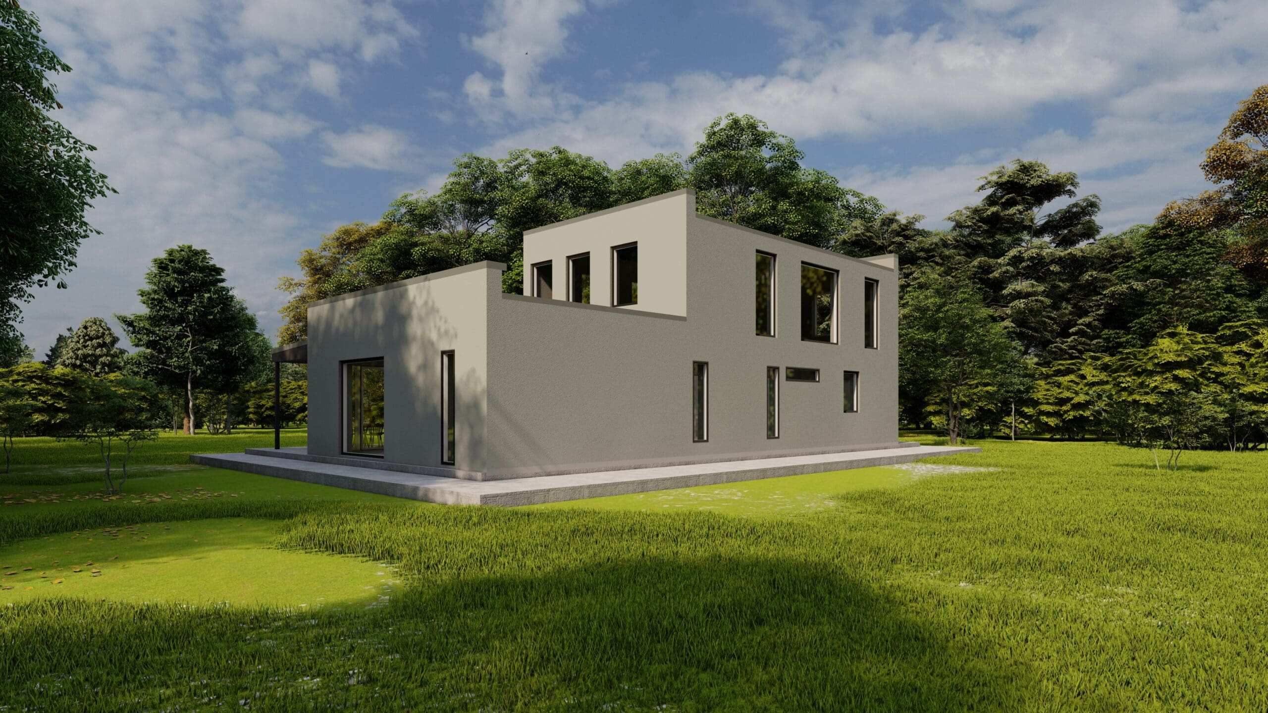 Kundunikt arkitektritat stenhus 202kvm med putsad fasad. 2 plan, bild visar baksida.