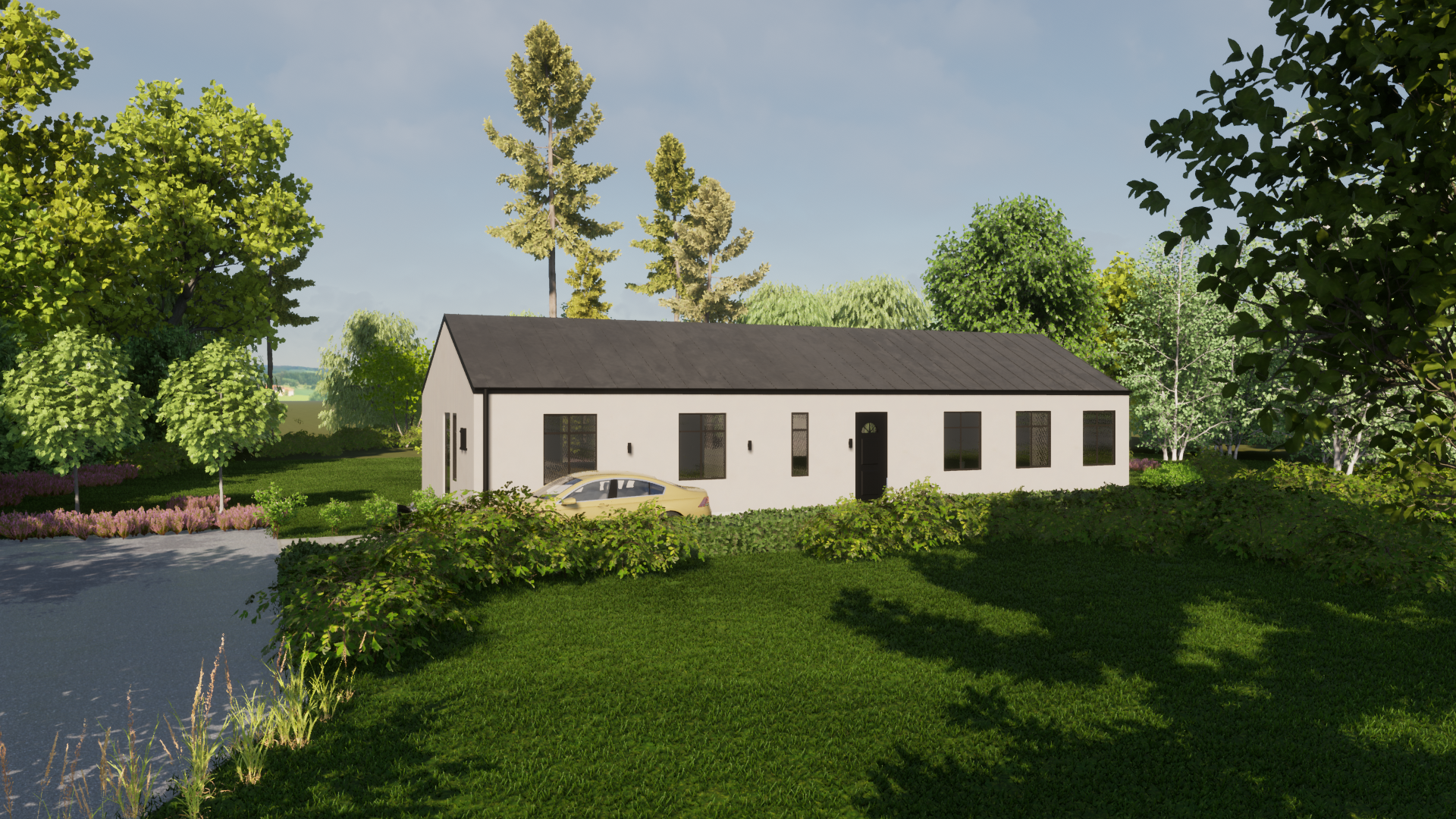 Kundunikt stenhus med vit putsad fasad och plåttak. Arkitektritat med kund via ACHoice Stenhus.