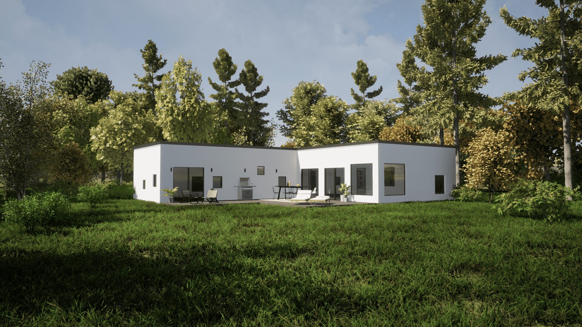 Kundunikt stenhus Hässleholm 153kvm 1-planshus rendering från trädgård Arkitektritat hus designad med kund. Hässleholm 153kvm. Vit puts. Vinkelhus, baksida.