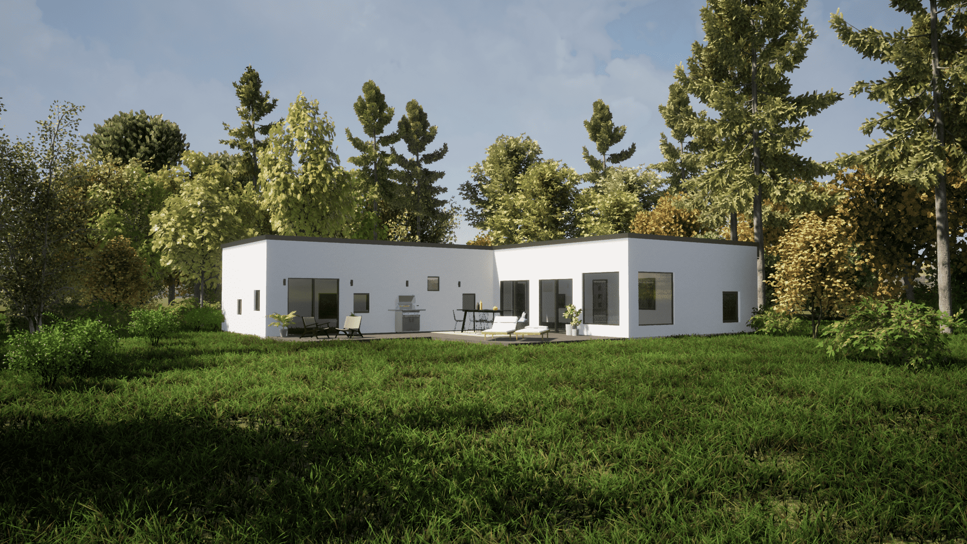 Arkitektritat hus designad med kund. Hässleholm 153kvm. Vit puts. Vinkelhus, baksida.