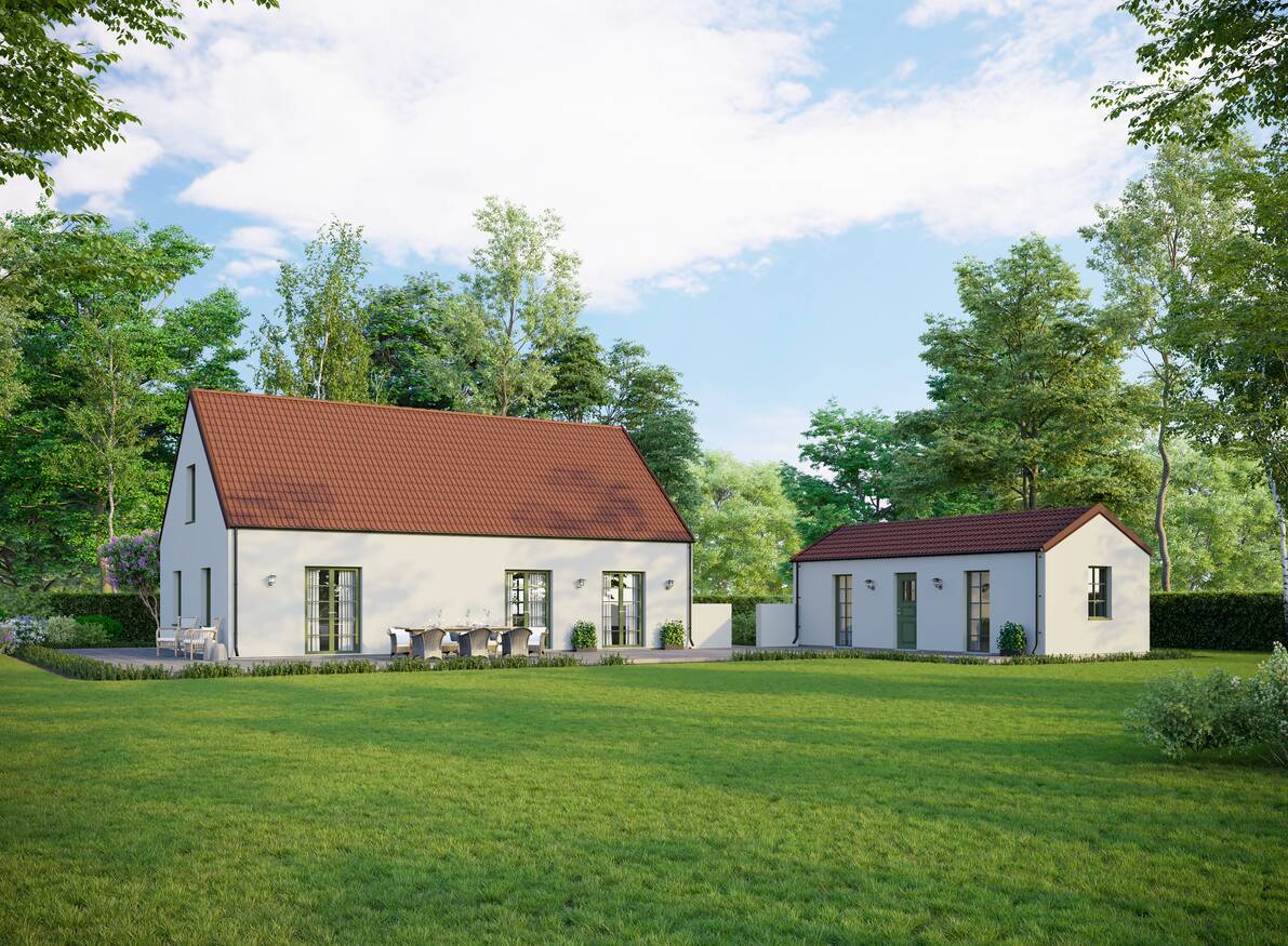 Arkitektritat kundunikt stenhus Villa Vik. Vit puts, rött tegeltak. Litet gästhus. Bild visar baksida.