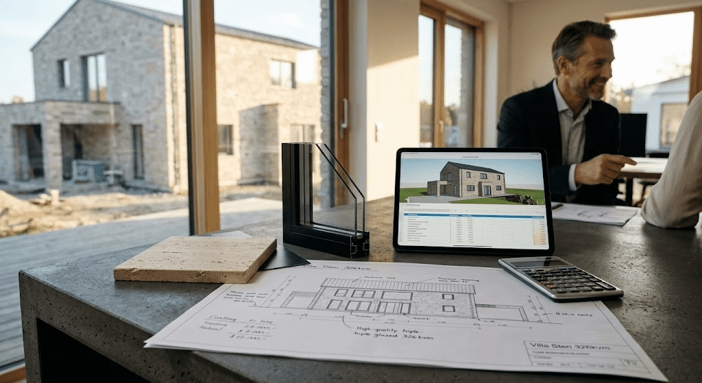 Bilden visar bygge av ett arkitektritat stenhus med en kalkyl och ritning. Bilden hör ihop med ett stycke som handlar om vad det kostar att bygga ett arkitektritat hus. 
