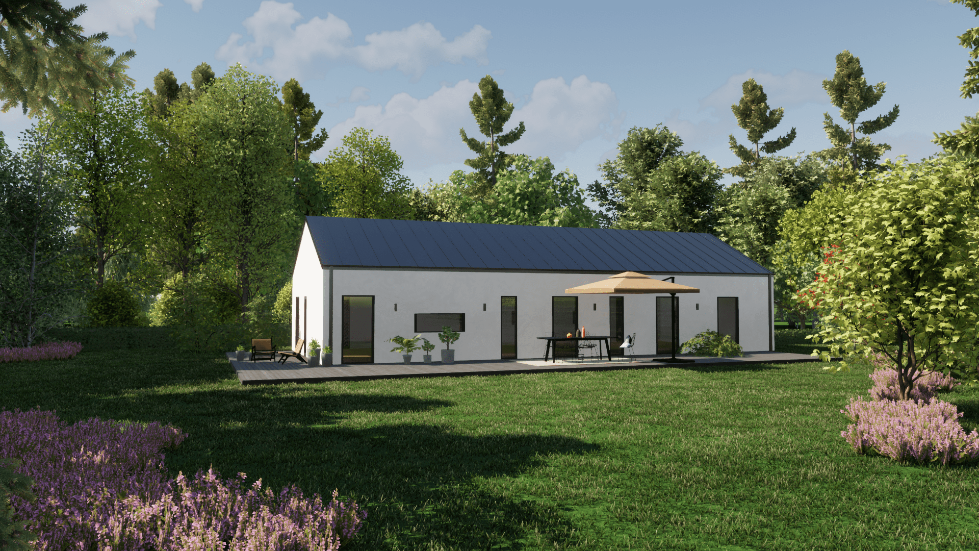 Kundunikt arkitektritat hus från AChoice. 1 Plans stenhus på 114 m2. Vit putsad fasad.