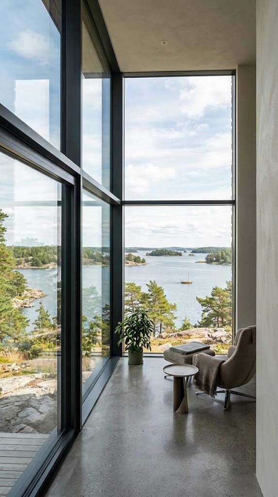 Insidan ett putsat stenhus med utsikt över mälaren. 