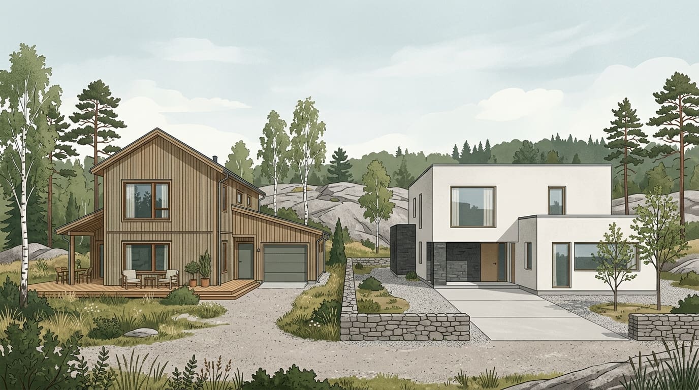 Jämförelse mellan ett traditionellt trähus med träpanel och ett modernt stenhus med putsad fasad.